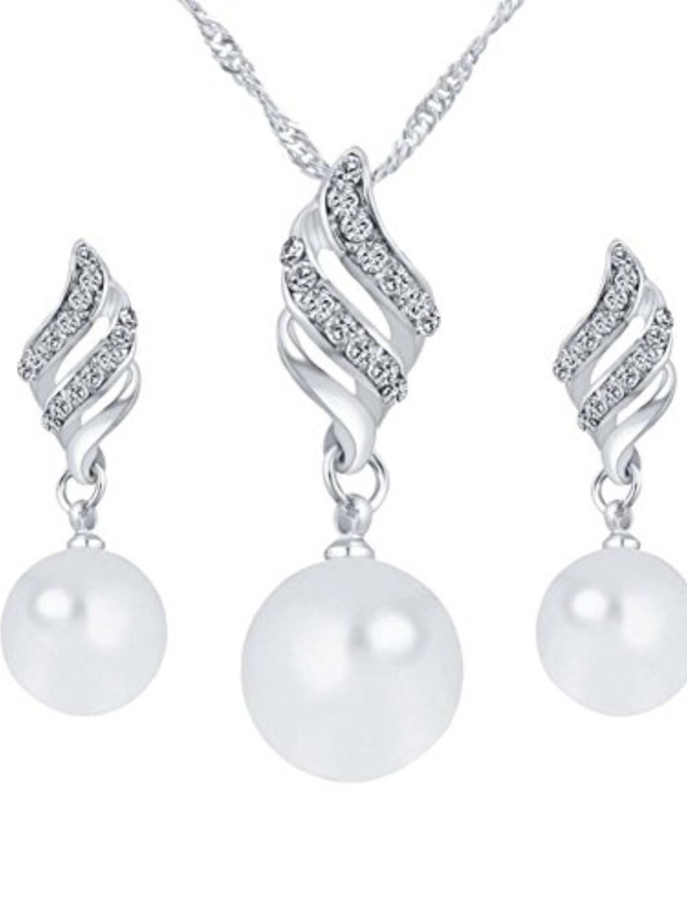 Necklace And Ear Set Fashion Shiny Pearl Crystal Sweater Pendant Necklace